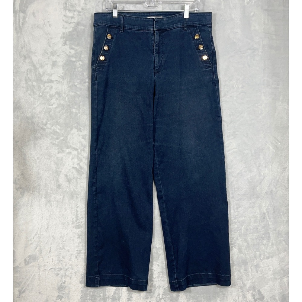 Nine West Womens Wide Leg Jeans 14 Dark Blue Sailor‎ Button Trouser Denim Indigo